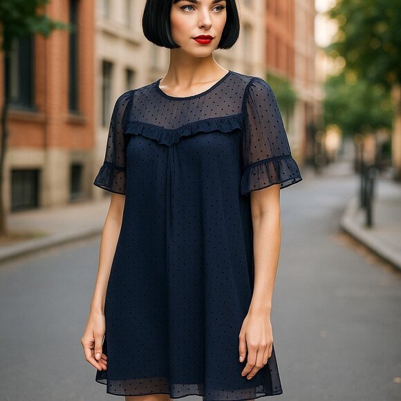 DIVIDED H&m Black Mesh Dress 10 M Micro Polka Dots Sheer Ruffles Goth PuNk rAvE - Picture 1 of 17